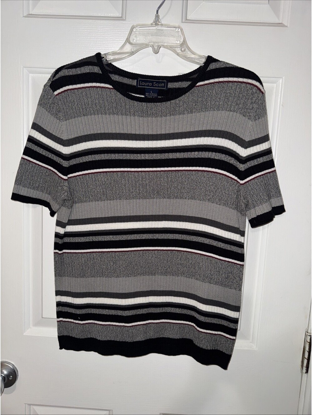 Laura Scott Grey Striped Ribbed Knit Short Sleeve Sweater Top Large